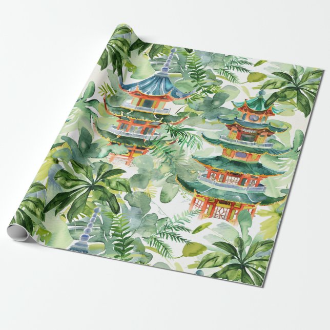 Watercolor Asian Pagoda in Verdant Landscape (11) Wrapping Paper (Unrolled)
