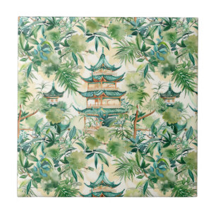 Watercolor Asian Pagoda in Verdant Landscape (12) Ceramic Tile