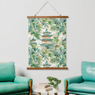 Watercolor Asian Pagoda in Verdant Landscape (12) Hanging Tapestry