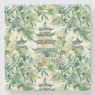 Watercolor Asian Pagoda in Verdant Landscape (12) Stone Coaster