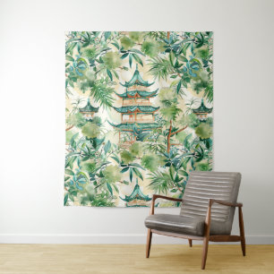 Watercolor Asian Pagoda in Verdant Landscape (12) Tapestry