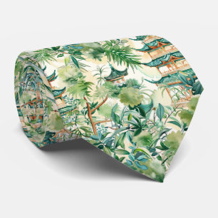 Watercolor Asian Pagoda in Verdant Landscape (12) Tie