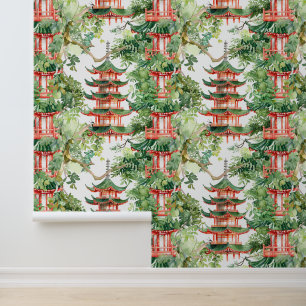 Watercolor Asian Pagoda in Verdant Landscape (12) Wallpaper