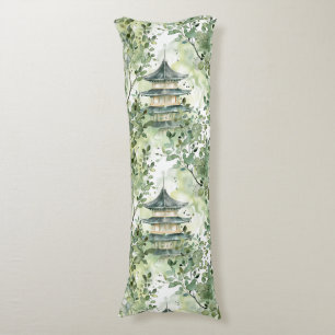 Watercolor Asian Pagoda in Verdant Landscape (13) Body Cushion