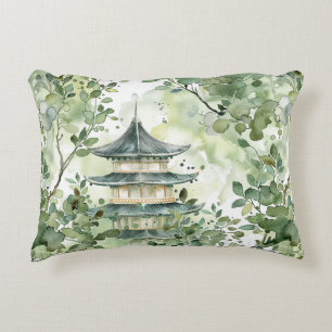 Watercolor Asian Pagoda in Verdant Landscape (13) Decorative Cushion