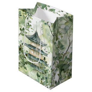 Watercolor Asian Pagoda in Verdant Landscape (13) Medium Gift Bag