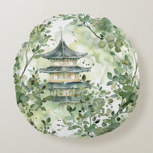 Watercolor Asian Pagoda in Verdant Landscape (13) Round Cushion