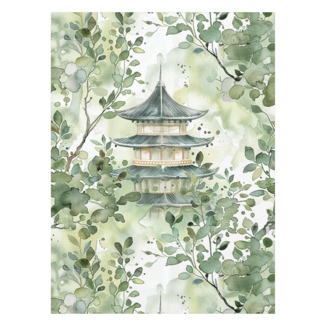 Watercolor Asian Pagoda in Verdant Landscape (13) Tablecloth (Front)