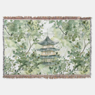 Watercolor Asian Pagoda in Verdant Landscape (13) Throw Blanket
