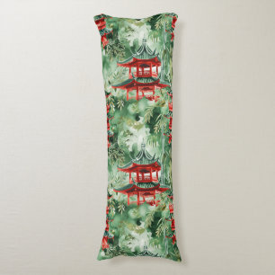 Watercolor Asian Pagoda in Verdant Landscape (14) Body Cushion