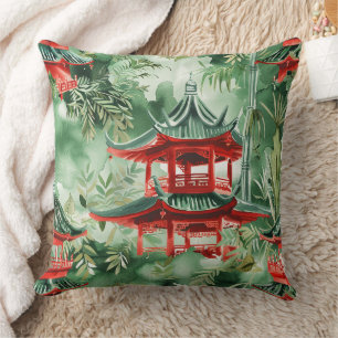 Watercolor Asian Pagoda in Verdant Landscape (14) Cushion