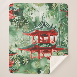 Watercolor Asian Pagoda in Verdant Landscape (14) Sherpa Blanket