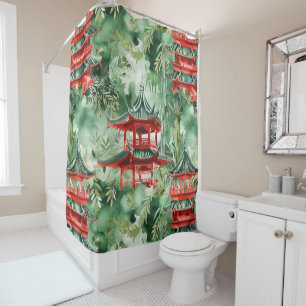 Watercolor Asian Pagoda in Verdant Landscape (14) Shower Curtain