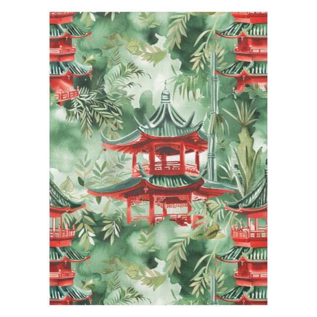 Watercolor Asian Pagoda in Verdant Landscape (14) Tablecloth (Front)
