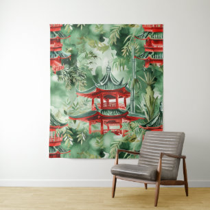 Watercolor Asian Pagoda in Verdant Landscape (14) Tapestry