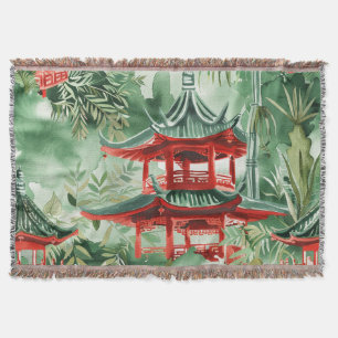 Watercolor Asian Pagoda in Verdant Landscape (14) Throw Blanket