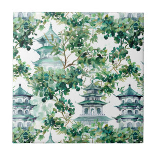 Watercolor Asian Pagoda in Verdant Landscape (15) Ceramic Tile