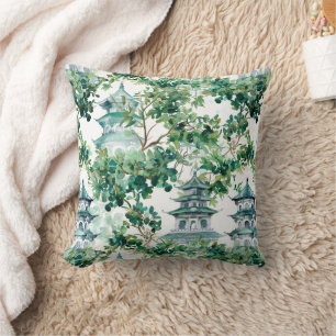Watercolor Asian Pagoda in Verdant Landscape (15) Cushion