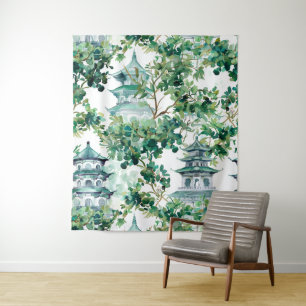 Watercolor Asian Pagoda in Verdant Landscape (15) Tapestry