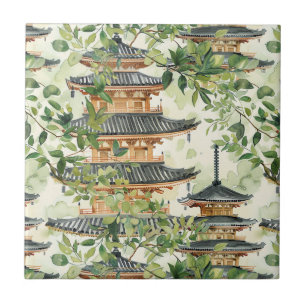 Watercolor Asian Pagoda in Verdant Landscape (16) Ceramic Tile
