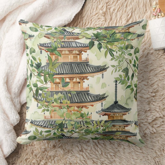 Watercolor Asian Pagoda in Verdant Landscape (16) Cushion (Blanket)