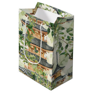 Watercolor Asian Pagoda in Verdant Landscape (16) Medium Gift Bag