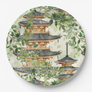 Watercolor Asian Pagoda in Verdant Landscape (16) Paper Plate