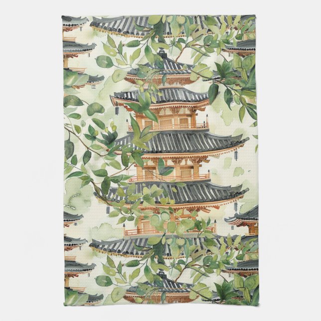 Watercolor Asian Pagoda in Verdant Landscape (16) Tea Towel (Vertical)