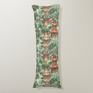 Watercolor Asian Pagoda in Verdant Landscape (17) Body Cushion