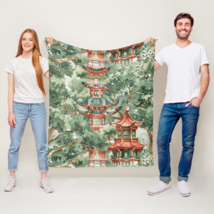 Watercolor Asian Pagoda in Verdant Landscape (17) Fleece Blanket