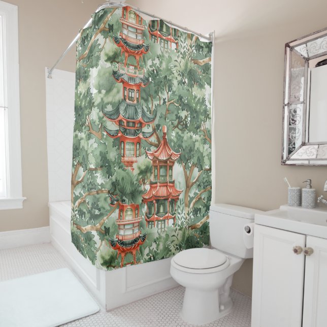 Watercolor Asian Pagoda in Verdant Landscape (17) Shower Curtain (In Situ)