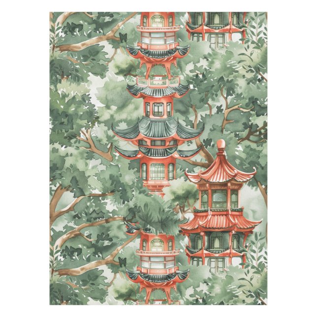Watercolor Asian Pagoda in Verdant Landscape (17) Tablecloth (Front)