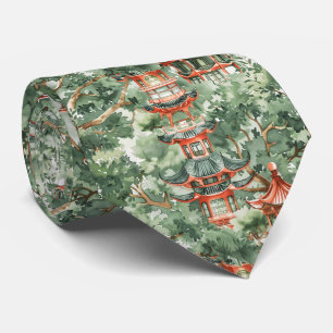 Watercolor Asian Pagoda in Verdant Landscape (17) Tie