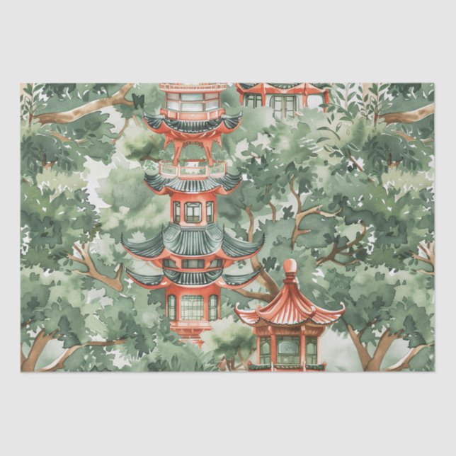Watercolor Asian Pagoda in Verdant Landscape (17) Tissue Paper (Front)