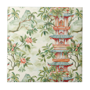 Watercolor Asian Pagoda in Verdant Landscape (1) Ceramic Tile