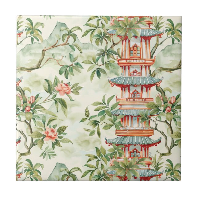 Watercolor Asian Pagoda in Verdant Landscape (1) Ceramic Tile (Front)