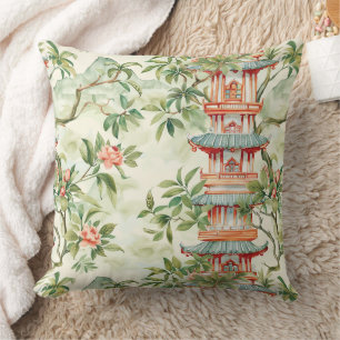 Watercolor Asian Pagoda in Verdant Landscape (1) Cushion