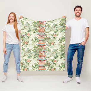 Watercolor Asian Pagoda in Verdant Landscape (1) Fleece Blanket