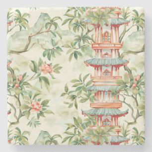Watercolor Asian Pagoda in Verdant Landscape (1) Stone Coaster