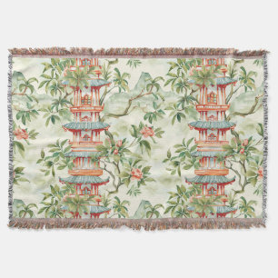 Watercolor Asian Pagoda in Verdant Landscape (1) Throw Blanket