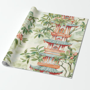 Watercolor Asian Pagoda in Verdant Landscape (1) Wrapping Paper