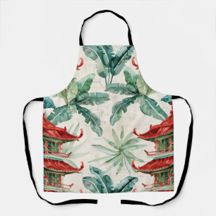 Watercolor Asian Pagoda in Verdant Landscape (2) Apron