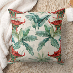 Watercolor Asian Pagoda in Verdant Landscape (2) Cushion