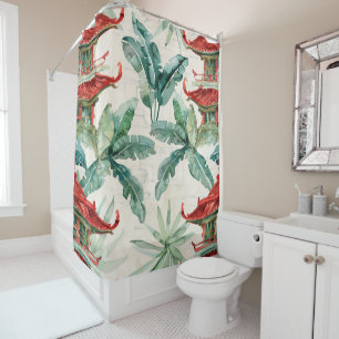 Watercolor Asian Pagoda in Verdant Landscape (2) Shower Curtain