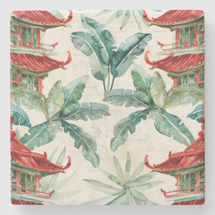 Watercolor Asian Pagoda in Verdant Landscape (2) Stone Coaster