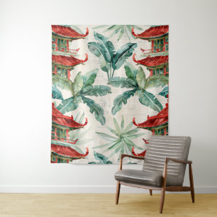 Watercolor Asian Pagoda in Verdant Landscape (2) Tapestry