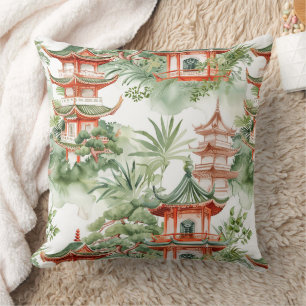 Watercolor Asian Pagoda in Verdant Landscape (3) Cushion