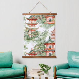 Watercolor Asian Pagoda in Verdant Landscape (3) Hanging Tapestry