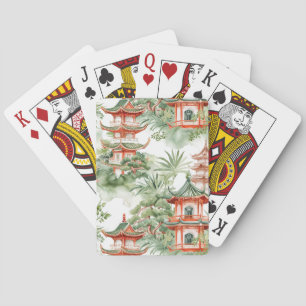Watercolor Asian Pagoda in Verdant Landscape (3) Playing Cards