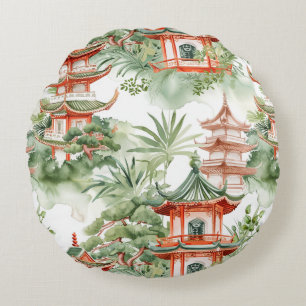 Watercolor Asian Pagoda in Verdant Landscape (3) Round Cushion